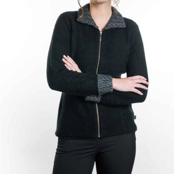 KORU Zip Cardigan Sweater Black  Possum Fur Merino Wool Silk Womens Size Medium - Picture 1 of 13